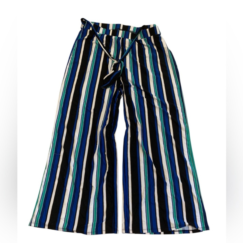 Wide Leg Striped Drawstring Pants - Blue / Black
